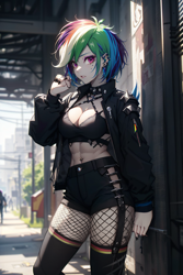 Size: 1024x1536 | Tagged: safe, imported from derpibooru, rainbow dash, human, ai content, ai generated, breasts, busty rainbow dash, choker, cleavage, clothes, ear piercing, earring, emotionless, fishnet clothing, fishnet pantyhose, fishnets, goth, gothic, humanized, jacket, jewelry, long sleeves, looking at you, midriff, open clothes, open jacket, outdoors, outfit, pantyhose, piercing, punk, short hair, shorts, socks, spikes, stockings, straps, thigh highs