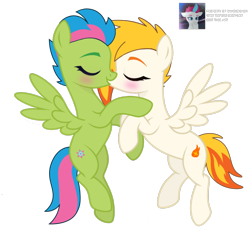 Size: 3600x3309 | Tagged: safe, artist:ramixe dash, imported from derpibooru, pegasus, pony, base used, blushing, duo, duo female, eyebrows, female, flare (g5), flying, g5, g5 to g4, generation leap, high res, kissing, lesbian, luminous dazzle, luminousflare, mare, shipping, signature, simple background, spread wings, transparent background, watermark, wings