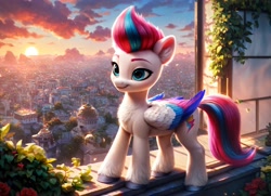 Size: 5120x3712 | Tagged: safe, imported from derpibooru, zipp storm, pegasus, ai content, ai generated, chest fluff, city, cityscape, cloud, cloudy, ear fluff, flower, g5, generator:pony diffusion v6 xl, generator:purplesmart.ai, generator:stable diffusion, prompter:kluknawa235, smiling, sun, sunset