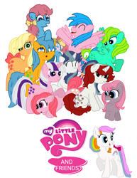 Size: 2280x2960 | Tagged: safe, alternate version, edit, imported from derpibooru, applejack (g1), bubbles (g1), cotton candy (g1), ember (g1), firefly, first born, glory, medley, moondancer (g1), twilight, twinkles, cat, my little pony 'n friends, rescue at midnight castle, bow, bow tie (g1), g1, g1 to g4, generation leap, high res, multicolored hair, my little pony logo, rainbow hair, rainbow tail, remake, simple background, tail, tail bow, white background
