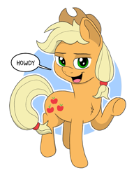 Size: 627x816 | Tagged: safe, alternate version, edit, imported from derpibooru, applejack, earth pony, pony, circle background, female, howdy, lidded eyes, looking at you, mare, open mouth, open smile, raised hoof, remake, simple background, smiling, smiling at you, solo, white background