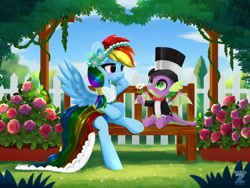 Size: 2400x1800 | Tagged: safe, artist:darksly, imported from derpibooru, rainbow dash, spike, dragon, pegasus, pony, bench, bowtie, clothes, cute, dress, female, flower, garden, hat, looking at each other, looking at someone, male, rainbowspike, shipping, straight, top hat, tuxedo, winged spike, wings