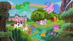 Size: 300x168 | Tagged: source needed, useless source url, safe, artist:emberwolfsart, imported from derpibooru, applejack (g1), bubbles (g1), cotton candy (g1), ember (g1), firefly, first born, glory, medley, moondancer (g1), sealight, seawinkle, twilight, wavedancer, earth pony, pegasus, pony, unicorn, rescue at midnight castle, apple, apple tree, baby, baby pony, background, bipedal, bow, bow tie (g1), castle, cloud, eyes closed, female, flying, food, g1, hair bow, horn, open mouth, open smile, ponyland, rainbow, river, seapony (g1), sky, smiling, spread wings, standing, tail, tail bow, tree, walking, water, wings