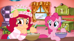 Size: 2500x1406 | Tagged: safe, artist:katnekobase, artist:user15432, imported from derpibooru, pinkie pie, earth pony, pony, baking, base used, blushing, bowl, clothes, crossover, hat, hoof over mouth, kitchen, looking at each other, looking at someone, mixing bowl, oven, ponified, red hair, red mane, red tail, smiling, spoon, stove, strawberry shortcake, strawberry shortcake (character), table, tail