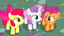 Size: 1200x685 | Tagged: safe, imported from derpibooru, screencap, apple bloom, scootaloo, sweetie belle, earth pony, pegasus, pony, unicorn, the fault in our cutie marks, adorabloom, confetti, cute, cutealoo, cutie mark, cutie mark crusaders, cutie mark cuties, diasweetes, female, filly, foal, horn, looking up, the cmc's cutie marks