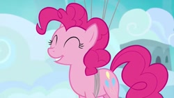 Size: 1200x675 | Tagged: safe, imported from derpibooru, screencap, pinkie pie, earth pony, pony, secrets and pies, ^^, balloon, eyes closed, floating, solo, then watch her balloons lift her up to the sky