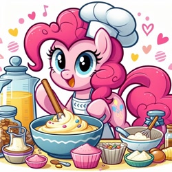 Size: 1024x1024 | Tagged: safe, artist:user15432, imported from derpibooru, pinkie pie, earth pony, pony, ai content, ai generated, apron, baking, batter, bowl, cake batter, candy, chef's hat, clothes, egg (food), egg beater, female, food, generator:bing image creator, generator:dall-e 3, hat, heart, ingredients, looking at you, mare, mixing, mixing bowl, nuts, open mouth, open smile, prompter:user15432, smiling, solo