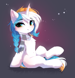 Size: 3711x3877 | Tagged: safe, artist:empress-twilight, imported from derpibooru, oc, oc:blue velvet cake, unicorn, clothes, horn, looking at you, scarf, sitting, smiling, solo