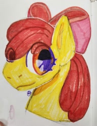 Size: 1536x2000 | Tagged: safe, artist:drathia, imported from derpibooru, apple bloom, earth pony, pony, bust, eye clipping through hair, female, filly, foal, looking at you, photo, portrait, simple background, smiling, smiling at you, solo, traditional art, white background