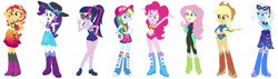 Size: 2116x602 | Tagged: safe, artist:sotosbros, edit, imported from derpibooru, applejack, fluttershy, pinkie pie, rainbow dash, rarity, sci-twi, sunset shimmer, trixie, twilight sparkle, equestria girls, boots, clothes, cowboy boots, glasses, hat, humane five, humane seven, humane six, polka dot socks, rainbow socks, shoes, simple background, socks, striped socks, swimsuit, white background