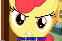 Size: 745x500 | Tagged: safe, edit, edited screencap, imported from derpibooru, screencap, apple bloom, pony, just for sidekicks, angry, caption, clubhouse, crusaders clubhouse, funny, funny as hell, image macro, imgflip, meme, solo, text