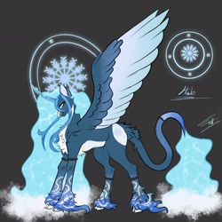 Size: 2048x2048 | Tagged: safe, artist:arcticsaiyan, imported from derpibooru, oc, oc:queen glacious, alicorn, coat markings, cracked horn, glowing, glowing eyes, glowing mane, halo, horn, ice, leonine tail, snow, snowflake, socks (coat markings), solo, tail, water mane
