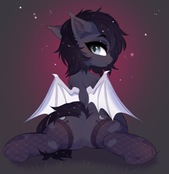 Size: 3385x3499 | Tagged: safe, artist:empress-twilight, imported from derpibooru, oc, oc only, oc:lilac moonbranch, bat pony, pony, bat wings, butt, butt focus, choker, collar, commission, cute, dock, eyebrows, eyebrows visible through hair, featureless crotch, female, high res, looking at you, looking back, looking back at you, lying down, mare, prone, simple background, smiling, smiling at you, solo, solo female, sploot, spread wings, tail, tights, underhoof, white wings, wings, ych result