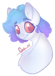 Size: 970x1344 | Tagged: safe, artist:trashpanda czar, imported from derpibooru, oc, oc only, oc:soft symphony, bust, chest fluff, ear fluff, female, freckles, gradient mane, hair bun, looking at you, mare, poofy mane, portrait, simple background, smiling, transparent background