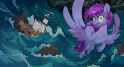Size: 2560x1400 | Tagged: safe, artist:skysorbett, imported from derpibooru, oc, oc only, oc:sea wave, pegasus, pony, angry, boat, broken, fist, flying, lightning, looking at you, male, ocean, pegasus oc, rain, rock, ship, solo, spread wings, stallion, storm, thunder, water, wave, wings