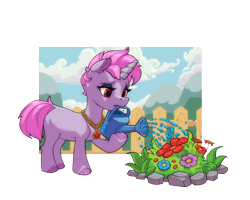Size: 2500x2000 | Tagged: safe, artist:gor1ck, imported from derpibooru, oc, oc only, oc:samantha mosely, unicorn, commission, female, fence, flower, horn, jewelry, necklace, simple background, solo, transparent background, watering can, ych result