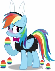 Size: 720x938 | Tagged: safe, artist:anime-equestria, imported from derpibooru, rainbow dash, pegasus, pony, blushing, bunny ears, easter, easter bunny, easter egg, holiday, hoof hold, implied egg laying, rainbow dash always dresses in style, rainbow egg, raised hoof, solo