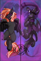 Size: 614x907 | Tagged: safe, artist:beardie, imported from derpibooru, oc, oc:raven stargazer, oc:remnant, bat pony, original species, shark, shark pony, black sclera, body pillow, clothes, goggles, looking at you, looking back, looking back at you, markings, scarf