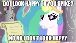Size: 666x375 | Tagged: safe, edit, edited screencap, imported from derpibooru, screencap, princess celestia, alicorn, the crystal empire, angry, caption, image macro, imgflip, meme, quill, scroll, solo, text, writing
