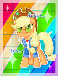 Size: 2419x3187 | Tagged: safe, artist:shangshanruoshui24400, imported from derpibooru, applejack, earth pony, pony, applejack's festival hat, applejack's sunglasses, clothes, female, mare, music festival outfit, rainbow background, solo, sparkles, sunglasses, text