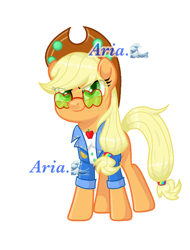Size: 2419x3187 | Tagged: safe, alternate version, artist:shangshanruoshui24400, imported from derpibooru, applejack, earth pony, pony, applejack's festival hat, applejack's sunglasses, clothes, female, mare, music festival outfit, simple background, solo, sunglasses, text, white background