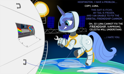 Size: 1500x900 | Tagged: safe, artist:nuclearsuplexattack, imported from derpibooru, princess luna, alicorn, earth, orbital friendship cannon, s1 luna, space, space station, sun, wrench