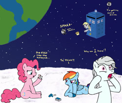 Size: 990x834 | Tagged: safe, artist:muffinsforever, imported from derpibooru, derpy hooves, pinkie pie, rainbow dash, earth pony, pegasus, crossover, doctor who, earth, food, moon, muffin, playing card, portal (valve), portal 2, space, space core, stars, tardis, wheatley