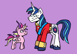 Size: 1770x1250 | Tagged: safe, artist:heckoffmate, imported from derpibooru, princess cadance, shining armor, alicorn, pony, unicorn, blushing, clothes, duo, duo male and female, female, folded wings, height difference, horn, male, mare, meme, messy mane, messy tail, role reversal, shiningcadance, shipping, simple background, size difference, smaller female, smiling, stallion, straight, tail, the bride and the ugly ass groom, uniform, wings