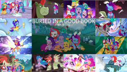 Size: 1952x1099 | Tagged: safe, edit, edited screencap, editor:quoterific, imported from derpibooru, screencap, hitch trailblazer, izzy moonbow, pipp petals, sunny starscout, zipp storm, spoiler:g5, spoiler:my little pony: tell your tale, applejack (g5), bunny ears, buried in a good book, fluttershy (g5), g5, mane five, mane six (g5), misty brightdawn, my little pony: tell your tale, pinkie pie (g5), rainbow dash (g5), rarity (g5), sparky sparkeroni, twilight sparkle (g5)