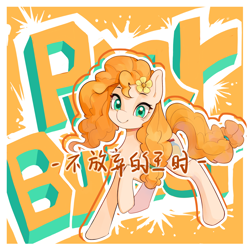 Size: 2000x2000 | Tagged: safe, artist:长海, imported from derpibooru, pear butter, earth pony, pony, chinese, female, flower, flower in hair, mare, orange background, raised hoof, simple background, text