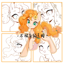 Size: 2000x2000 | Tagged: safe, alternate version, artist:长海, imported from derpibooru, pear butter, earth pony, pony, baby, baby pony, chinese, female, filly, flower, flower in hair, foal, mare, raised hoof, teenager, text, younger