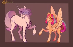 Size: 1985x1276 | Tagged: safe, artist:sabiwabii, imported from derpibooru, oc, oc:moonstone, oc:party favor, pegasus, pony, unicorn, border, brown background, coat markings, duo, duo female, eye clipping through hair, eyebrows, eyebrows visible through hair, eyes closed, female, height difference, horn, magical lesbian spawn, mare, offspring, open mouth, open smile, pale belly, parent:pinkie pie, parent:rainbow dash, parents:pinkiedash, simple background, smiling, socks (coat markings), spread wings, wings