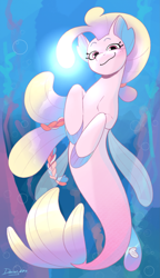 Size: 2387x4132 | Tagged: safe, artist:daisy_marshmallow, imported from derpibooru, sea pony, seapony (g4), absurd resolution, bioluminescent, blue background, blushing, bubble, coral, crepuscular rays, destiny (g5), digital art, dorsal fin, female, fin, fin wings, fins, fish tail, floppy ears, flowing mane, flowing tail, g5, glowing, looking at you, ocean, pink eyes, scales, seaweed, signature, simple background, smiling, smiling at you, smirk, solo, sunlight, swimming, tail, underwater, water, wings