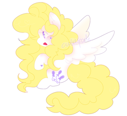 Size: 1564x1432 | Tagged: safe, artist:cutiesparke, imported from derpibooru, surprise, pony, :d, blushing, ear fluff, female, g1, g1 to g4, generation leap, hoof heart, lightly watermarked, long hair, long mane, open mouth, open smile, simple background, sitting, smiling, solo, spread wings, underhoof, watermark, white background, wings