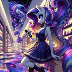 Size: 1024x1024 | Tagged: safe, imported from derpibooru, rarity, anthro, unicorn, abstract, adorasexy, ai content, ai generated, belt, boots, breasts, cellphone, clothes, cute, dress, female, hallway, high heels, horn, leaning, mysterious, phone, prompter:horselover fat, reasonably sized breasts, sexy, shiny, shoes, side view, solo, surreal, weird