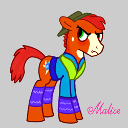 Size: 2048x2048 | Tagged: safe, artist:malice-may, imported from derpibooru, oc, oc only, oc:peacock proud, earth pony, pony, chemistry, clothes, cutie mark, earth pony oc, farmer, green eyes, hat, male, miner, orange coat, red hair, redhead, shirt, simple background, solo, stallion
