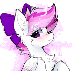 Size: 7000x6937 | Tagged: safe, artist:lunylin, imported from derpibooru, oc, oc only, oc:perfect rays, pegasus, pony, bow, bust, chest fluff, colored wings, female, hair bow, looking at you, side view, simple background, solo, wings