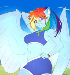 Size: 1280x1369 | Tagged: safe, artist:just_gray-x, imported from derpibooru, rainbow dash, anthro, pegasus, clothes, midriff, outdoors, shorts, sports bra