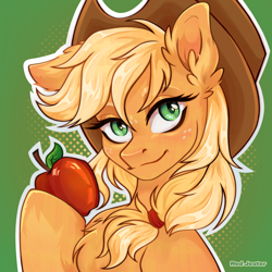Size: 3072x3072 | Tagged: safe, artist:redjester, imported from derpibooru, applejack, earth pony, pony, apple, applejack's hat, chest fluff, cowboy hat, ear fluff, female, food, freckles, green background, green eyes, hat, icon, mare, simple background, solo
