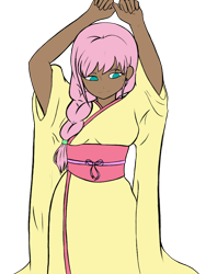 Size: 768x1024 | Tagged: safe, artist:icicle-niceicle-1517, artist:lunathekitsunegirl, artist:metaruscarlet, color edit, edit, imported from derpibooru, fluttershy, human, alternate hairstyle, clothes, collaboration, colored, dark skin, female, humanized, kimono (clothing), nail polish, ponytail, simple background, solo, transparent background