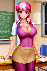 Size: 768x1152 | Tagged: safe, imported from derpibooru, cheerilee, human, absolute cleavage, ai content, ai generated, big breasts, blouse, breasts, busty cheerilee, chalkboard, cleavage, clothes, curvy, desk, female, generator:stable diffusion, humanized, leggings, looking at you, prompter:daveman1000, school, shirt, skirt, smiling, solo, undershirt