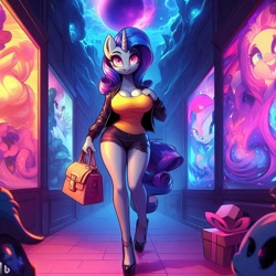 Size: 1024x1024 | Tagged: safe, imported from derpibooru, rarity, anthro, unicorn, adorasexy, ai content, ai generated, bag, big breasts, breasts, busty rarity, cleavage, clothes, curvy, cute, female, female focus, hallway, handbag, high heels, horn, hourglass figure, jacket, looking at you, mysterious, open mouth, present, prompter:horselover fat, purse, sexy, shoes, shorts, smiling, smiling at you, solo focus, surreal, tanktop, tiled floor, walking, walking towards you, weird, wide hips