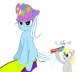 Size: 955x894 | Tagged: artist needed, source needed, safe, imported from derpibooru, derpy hooves, trixie, pegasus, pony, unicorn, clothes, colgate (company), duo, hat, horn, silly, simple background, trixie's hat, white background