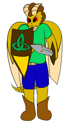 Size: 2160x3840 | Tagged: safe, artist:acid flask, imported from derpibooru, oc, oc:gilded knight (larkyn), anthro, dragon, boots, celtic, clothes, determined, digital art, green shirt, horns, irish, male, png, shield, shoes, shorts, solo, spread wings, sword, tail, weapon, wings