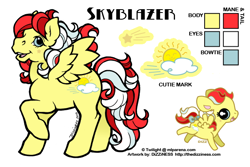 Size: 600x400 | Tagged: safe, artist:dizziness, imported from derpibooru, oc, oc only, oc:skyblazer, pegasus, pony, 2010, bow, cheek cutie mark, chibi, color palette, commission, female, g1, mare, mlp arena, open mouth, open smile, pegasus oc, raised hoof, reference sheet, simple background, smiling, solo, spread wings, standing, tail, tail bow, white background, wings