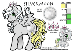 Size: 600x424 | Tagged: safe, artist:dizziness, imported from derpibooru, oc, oc only, oc:silvermoon, pegasus, pony, 2010, bow, chibi, color palette, commission, crown, female, g1, jewelry, mare, mlp arena, pegasus oc, reference sheet, regalia, simple background, solo, spread wings, standing, tail, tail bow, white background, wings