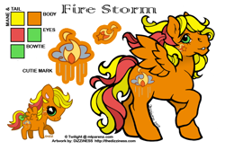 Size: 600x400 | Tagged: safe, artist:dizziness, imported from derpibooru, oc, oc only, oc:fire storm, pegasus, pony, 2010, bow, cheek cutie mark, chibi, color palette, commission, female, g1, mare, mlp arena, pegasus oc, raised hoof, reference sheet, simple background, solo, spread wings, tail, tail bow, white background, wings