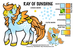 Size: 600x400 | Tagged: safe, artist:dizziness, imported from derpibooru, oc, oc only, oc:ray of sunshine, pegasus, pony, twinkle eyed pony, 2010, appaloosa, bow, chibi, coat markings, color palette, colored hooves, colored wings, commission, female, g1, gem eyes, gradient ears, gradient legs, gradient muzzle, gradient wings, lying down, mare, mlp arena, multicolored wings, pegasus oc, raised hoof, reference sheet, simple background, socks (coat markings), solo, spread wings, tail, tail bow, twinkle eyed pony oc, unshorn fetlocks, white background, wings
