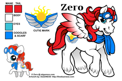 Size: 600x400 | Tagged: safe, artist:dizziness, imported from derpibooru, oc, oc only, oc:zero, pegasus, pony, 2010, chibi, clothes, color palette, colored wings, commission, g1, goggles, goggles on head, gradient wings, grin, male, mlp arena, pegasus oc, raised hoof, reference sheet, scarf, simple background, smiling, solo, stallion, unshorn fetlocks, white background, wings