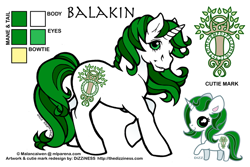 Size: 600x400 | Tagged: safe, artist:dizziness, imported from derpibooru, oc, oc only, oc:balakin, pony, unicorn, 2010, chibi, color palette, commission, female, g1, horn, looking at you, mare, mlp arena, raised hoof, reference sheet, simple background, solo, standing, unicorn oc, white background